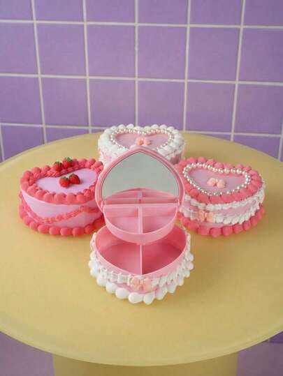 Joivida 1pc, Heart Shaped Accessory Storage Box With Mirror&Drawer - Realistic Strawberry Cream Cake Design, Pink And White Plastic Desktop Storage Box, Suitable For Necklaces, Earrings, Hairbands - Valentine's Day, Mother's Day Gifts (No Power Required), Jewelry Gift Boxes, Romantic Aesthetic Decoration