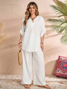 Rusticease Bộ đồ 2 món cỡ lớn, kiểu dáng thường ngày, màu trơn: áo và quần. - trắng - Xem 3