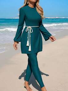 Swim Mulvari 新款橄榄绿贝壳装饰腰带，成熟时尚沙滩度假女士布基尼泳衣 - 墨綠色 - 查看 5