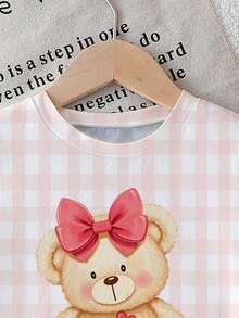 女婴可爱格子小熊蝴蝶结印花时尚休闲舒适圆领短袖T恤短裤套装，适合派对、聚会、春夏穿着。 - 彩色 - 查看 4