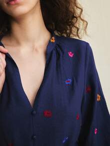 Écloséra 女士优雅连衣裙，V领刺绣连衣裙，泡泡袖连衣裙，系腰连衣裙，碎花连衣裙，A字连衣裙，春夏连衣裙 - 藏蓝色 - 查看 2