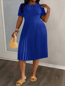 Slaydiva 大码女式纯色短款泡泡袖褶裥下摆连衣裙，夏季连衣裙 - 寶藍色 - 查看 9