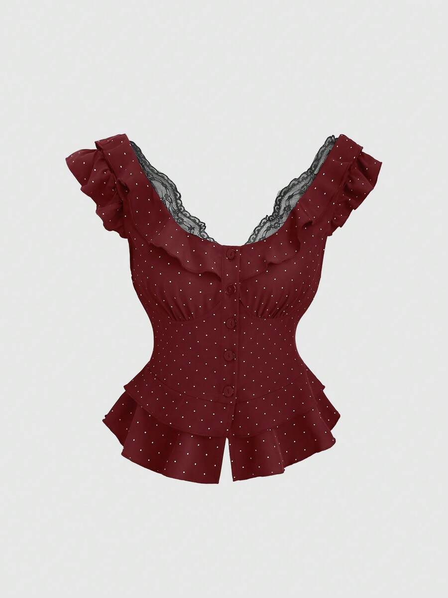 Sweetra Women's Lace Patchwork Ruffle Hem Polka Dot Sexy Low-Cut Waist Exposed Shoulder Backless Blouse, Suitable For Spring, Summer, Autumn, Winter - Burgundy - View 1