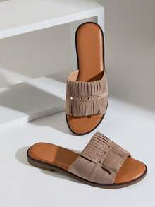 SHUZIA Women's Minimalist Casual Comfy Fringe Flat Sandals - Beige - View 1