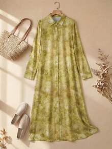 Rusticease 女士时尚扎染印花衬衫裙，春秋季长款女装套装长款衬衫裙休闲连衣裙女士长袖连衣裙 - 彩色 - 查看 1