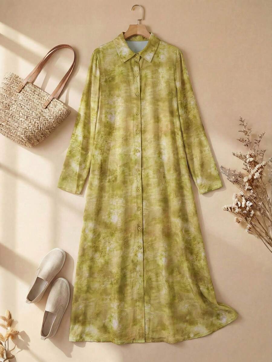 Rusticease 女士时尚扎染印花衬衫裙，春秋季长款女装套装长款衬衫裙休闲连衣裙女士长袖连衣裙 - 彩色 - 查看 1