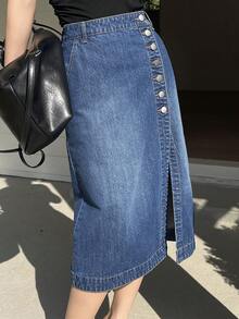 DAZY Women's Regular Waist Side Single-Breasted Design Elegant Straight Maxi Casual Denim Skirt - Medium Wash - View 3