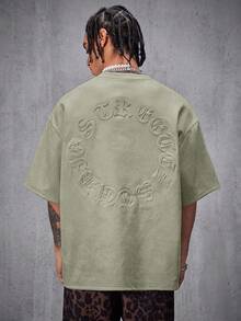 AXEPEAK 男式街头风格空气层绒面革植绒宽松落肩圆领短袖 T 恤，2000 年代风格 - 綠色 - 查看 3