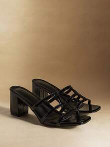 Rosivie Women's Square Toe Thick Heel Black PU Glossy Material Criss-Cross Strap Design Fashion Comfortable Daily Party Occasion Open Heel Slip-On Solid Color Sandals Summer Shoes - Black - View 3