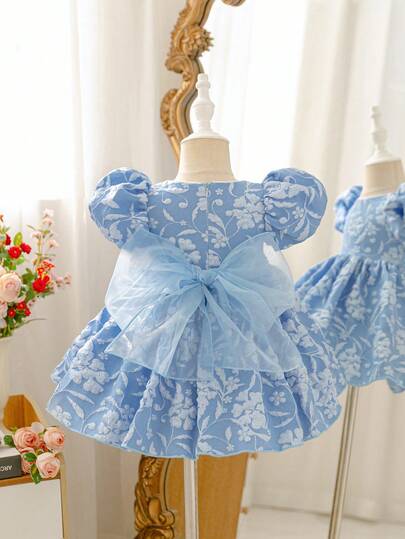 SHEIN Glamorique Kids Vestido de princesa para niñas, decorado con moño, de tela jacquard azul, vestido formal elegante, estilo de Oriente Medio y Europa, mangas abullonadas y lujoso, vestido de fiesta