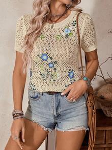 SHEIN LilyWest 女士刺绣花卉镂空宽松针织休闲蝙蝠袖毛衣上衣 - 杏色 - 查看 3