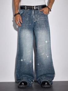 ROMWE MEN 男士口袋镶钻休闲牛仔裤 - 藍色 - 查看 1