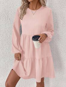 EMERY ROSE Solid Color Round Neck Long Sleeve Loose Casual Dress - Pink - View 5