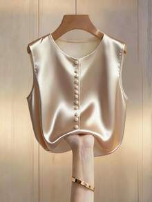 Franclia 女士香槟色优雅圆领珍珠装饰无袖衬衫，缎面面料，适合通勤和日常优雅穿着 - 香檳色 - 查看 1