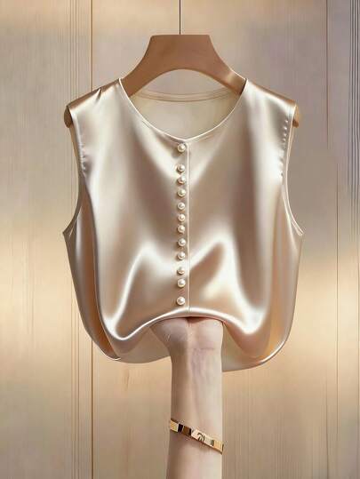Franclia 女士香槟色优雅圆领珍珠装饰无袖衬衫，缎面面料，适合通勤和日常优雅穿着