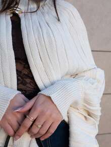 Hitanina 女士优雅优质针织开衫，金属纽扣设计，简洁大方，适合秋冬 - 米色 - 查看 6