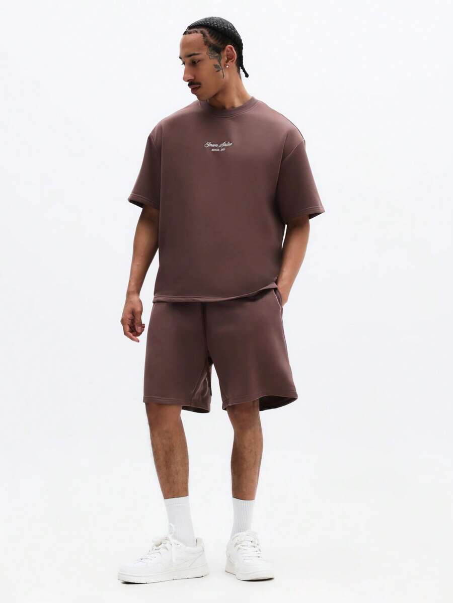 SUMWON Conjunto de camiseta de manga corta oversize y shorts a juego con cuello redondo y ajuste relajado para uso casual diario - Marrón - Ver 1