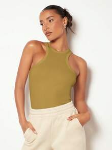 SHEIN BASICS Women's Casual Solid Color Knit Ribbed Crew Neck Fitted Tank Top - Yellow - View 6