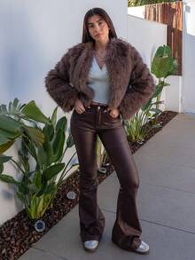 Hitanina 秋冬女士前开蓬松大衣 - 鏽棕色 - 查看 1