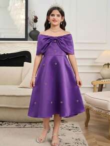"One Piece Girls Aged 8- 12 Years Elegant Princess - Style Satin Fabric Chest Large Bowknot Rhinestone Embellished Off - Shoulder Sleeveless A - Line Midi Dress For Party, Wedding, Flower Girl, Ceremony, Pageant, Spring & Summer" - Purple - View 2