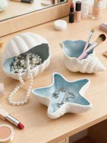 3pcs/1pc 5.51*2.36*2.76 Inch Sky Blue Shell Shaped Jewelry Tray & Key Bowl, Ceramic Jewelry Storage Tray. Birthday Gift, Graduation Gift - Multicolor - View 1