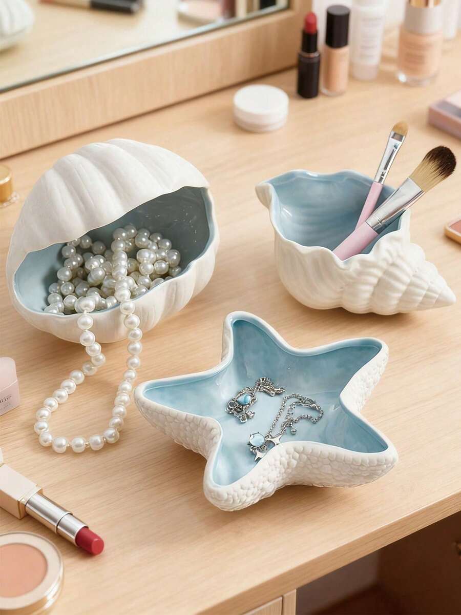 3pcs/1pc 5.51*2.36*2.76 Inch Sky Blue Shell Shaped Jewelry Tray & Key Bowl, Ceramic Jewelry Storage Tray. Birthday Gift, Graduation Gift - Multicolor - View 1