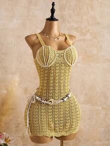 Bonvoyette Women's Vacation Faux Pearl Decor Hollow Out Camisole Cover Up Dress - Gold - View 9