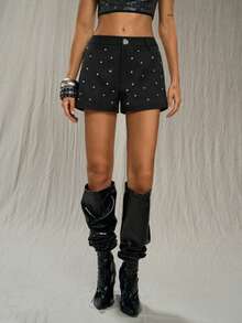 TRNVIE Women's Retro Sweet & Spicy Goth Style Metal Rhinestone Decor Polka Dot Mini Shorts - Black - View 3