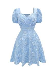 Elenzga 新款优雅法式甜美独特细节睡莲纹理面料褶皱收腰显瘦荷叶边下摆泡泡袖迷你连衣裙，蓝色，适合约会和日常穿着。 - 藍色 - 查看 4