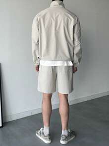 DAZY 男士纯色 Polo 领拉链长袖卫衣搭配抽绳腰带口袋短裤休闲套装，春夏款 - 杏色 - 查看 2