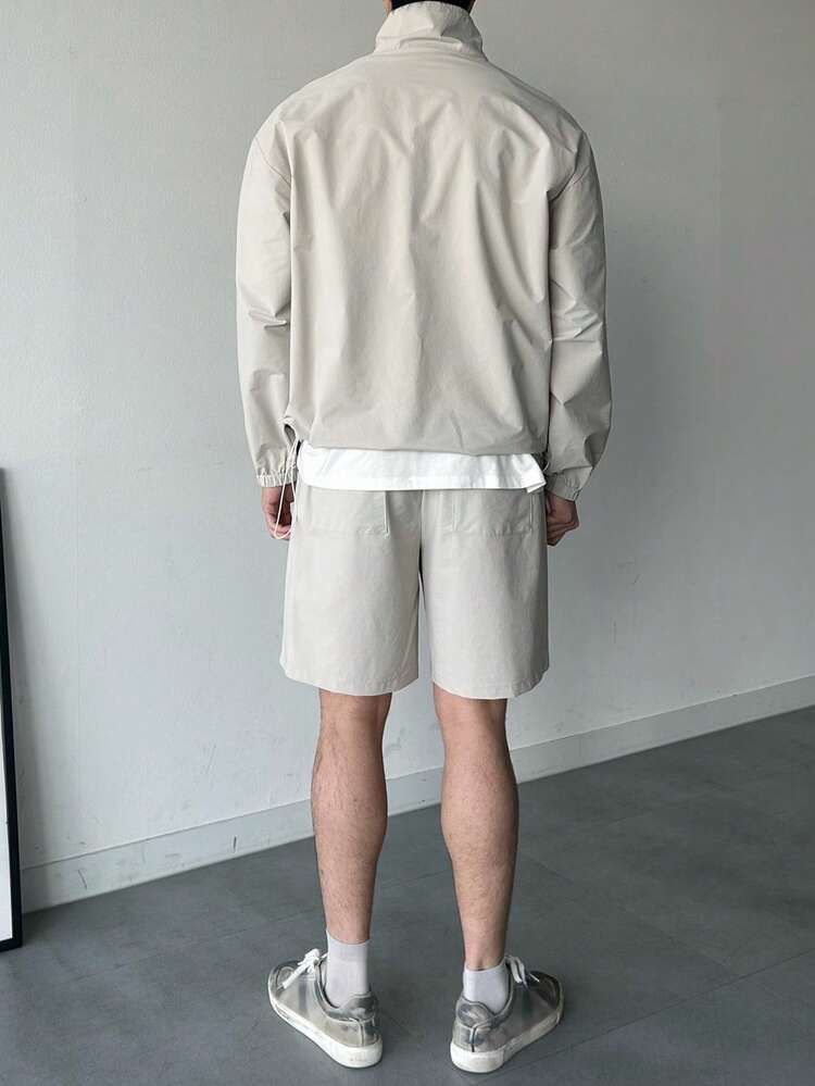 Men's Solid Color Polo Collar Zip-Up Long Sleeve Sweatshirt And Drawstring Waist Pocket Shorts Casual Outfit, Spring/Summer