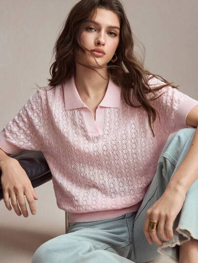 BizChic 2026 Spring/Summer New Arrival Pink Polo Collar Jacquard Knit Pullover Top For Women, Anti-Pilling, Cooling Silk Blend, Romantic Casual Chic, Suitable For Party, Work, Urban Commute