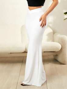 SHEIN SXY 女士纯色简约休闲长裙 - 白色 - 查看 3