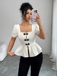 Elenzga Ladies Square Neck Cheongsam Button Short Sleeve Elegant Summer Shirts - Apricot - View 4