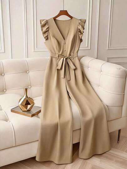 GlowEve CURVE Plus Size Women's Fashion V-Neck Casual Flutter Sleeve Floral Decor Jumpsuit With Tie Waist, Spring/Summer