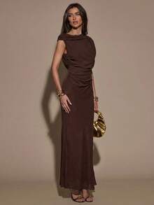 SHEIN BAE 纯棕色无袖高领披肩领修身褶皱鱼尾连衣裙，优雅长裙，秋冬连衣裙，叠穿连衣裙 - 咖啡棕 - 查看 3