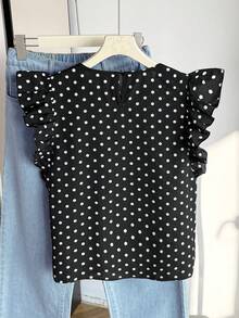 Blusas para adolescentes con estampado de lunares negros, con volantes, de estilo casual y vacacional, ajustadas. Camisa de verano sencilla con estampado de lunares, estilo francés - Negro - Ver 2