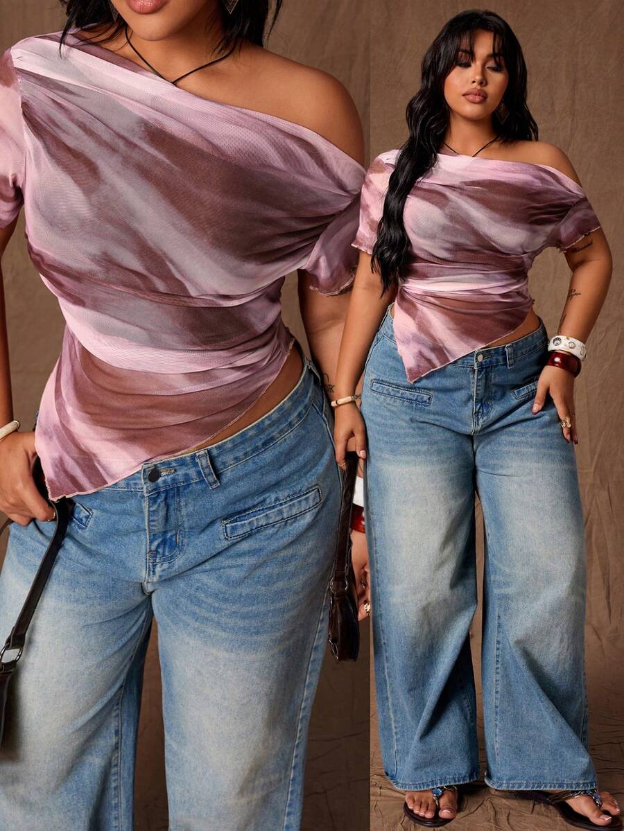 Elenzga 大码艺术渐变网纱不对称肩部度假优雅印花衬衫 - 藕粉色 - 查看 1