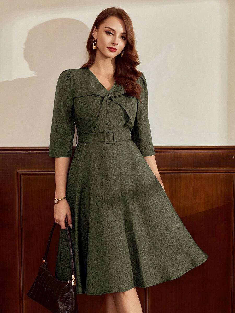 Vintamour 复古经典优雅女士连衣裙，春夏修身系腰蝴蝶结袖连衣裙，腰带连衣裙，藏蓝色连衣裙 - 軍綠色 - 查看 1