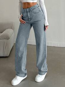 EURMUSE 100%Cotton Straight Leg Jeans Snow Wash - Baby Blue - View 6