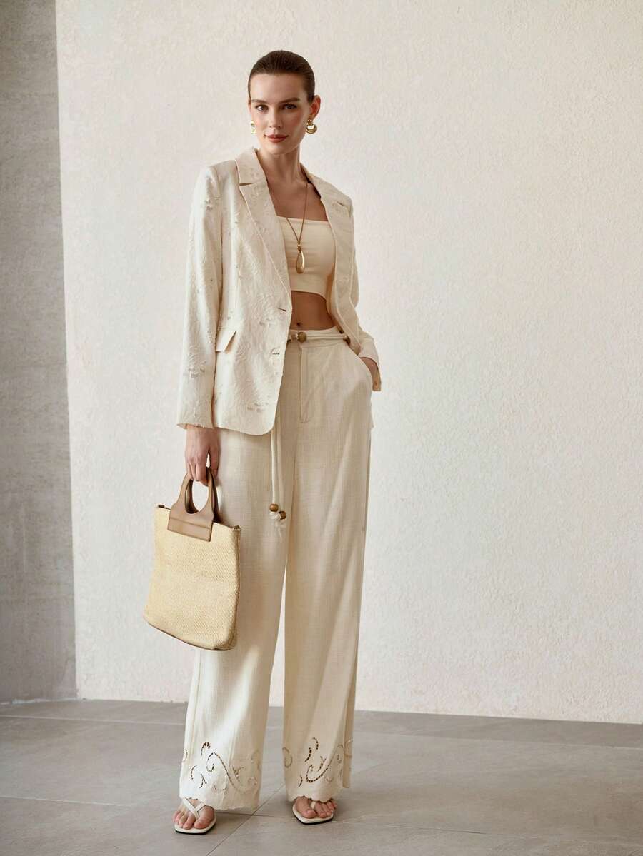 MOTF PREMIUM FASHIONABLE LAPEL COLLAR JACQUARD BLAZER FOR WOMEN, ELEGANT STYLE, SPRING/SUMMER - Apricot - View 2