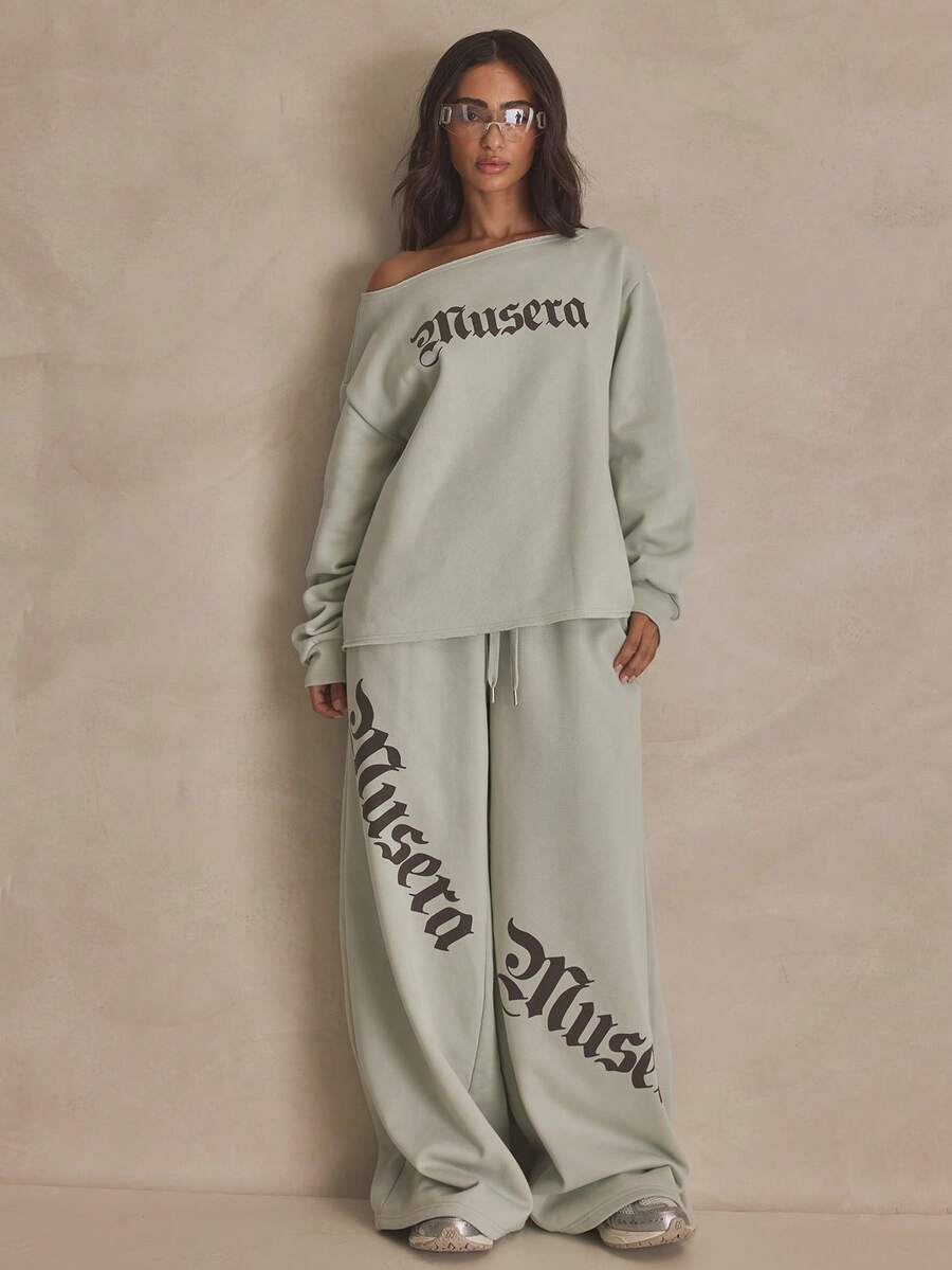 MUSERA 印花宽松阔腿束腰运动裤，夏季运动休闲日常街头风 - 綠色 - 查看 1