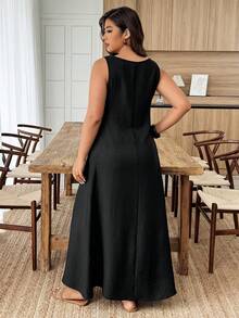 Weeklong 大码女士休闲蕾丝拼接A字长连衣裙，春夏款 - 黑色 - 查看 2