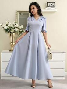 Modelyn Women's Elegant 3D Floral Decor Dress - Blue - View 5