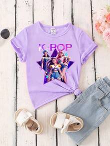 Young Girls' Minimalist Printed Round Neck Basic Short Sleeve T-Shirt - Purple - View 5