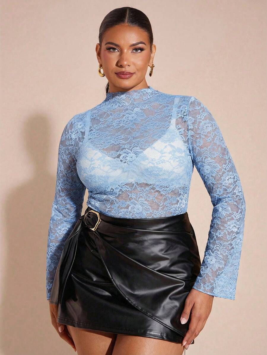 SHEIN BAE Plus Size Women Lace See-Through Long Sleeve Sexy Blouse - Baby Blue - View 1