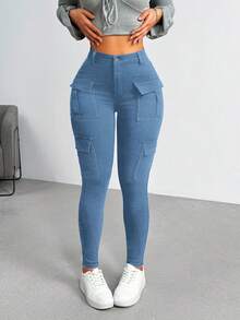 Flirla Jeans cargo de corte slim con lavado casual para tallas grandes - Azul - Ver 6