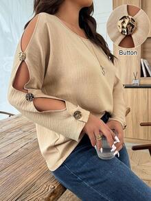 SHEIN LUNE Camisa Cáqui Ombro a Ombro de Manga Longa com Botões Metálicos, Adequada para Férias Casuais na Primavera e Verão, Plus Size para Mulheres - Caqui - Visão 4
