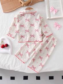 Newborn Baby Pajamas-2 Piece Pajama Set Cream And Pink Bow Print Round Neck Long Sleeve Long Pants Pajama Set Infant Sleepwear Everyday Home Sleep Play Cute Bow Pattern Minimal Soft Look All Season 2026 Holiday Essential Gift Idea Baby Girl Summer Pajama - Multicolor - View 2