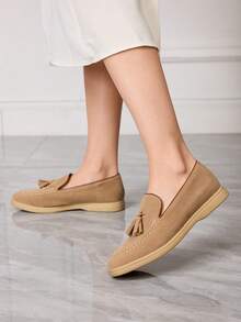 Sleekvia Casual Versatile Commuting Fringe Decor Flat Loafers - Apricot - View 3